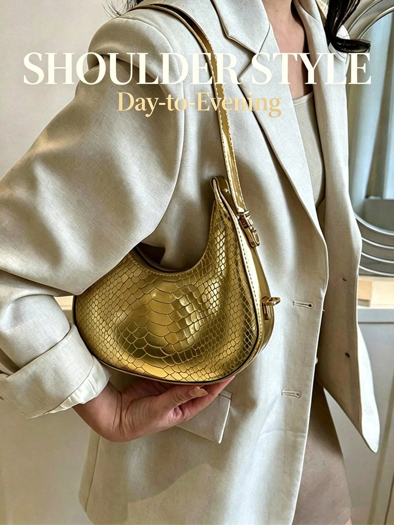 Metallic Snakeskin Embossed Hobo Bag Solid Color Crocodile Embossed Shoulder Bag,Wallet,Handbag,Travel Essentials,Beach,Vacation Essentials,Wedding