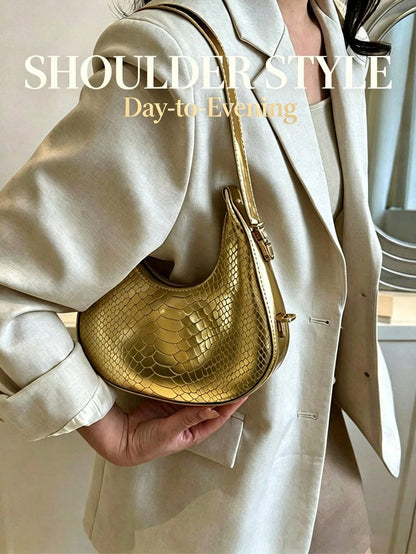 Metallic Snakeskin Embossed Hobo Bag Solid Color Crocodile Embossed Shoulder Bag,Wallet,Handbag,Travel Essentials,Beach,Vacation Essentials,Wedding