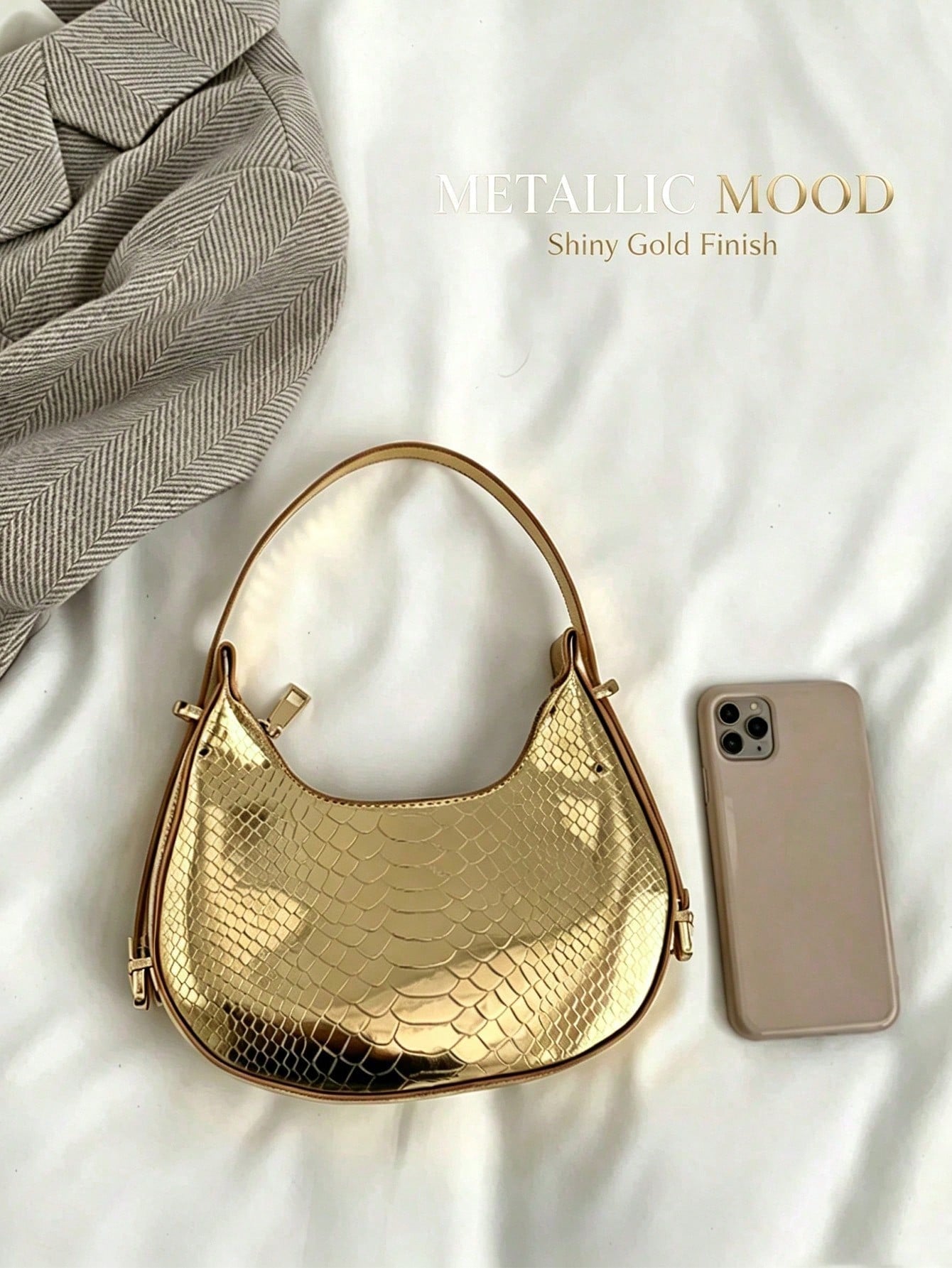 Metallic Snakeskin Embossed Hobo Bag Solid Color Crocodile Embossed Shoulder Bag,Wallet,Handbag,Travel Essentials,Beach,Vacation Essentials,Wedding