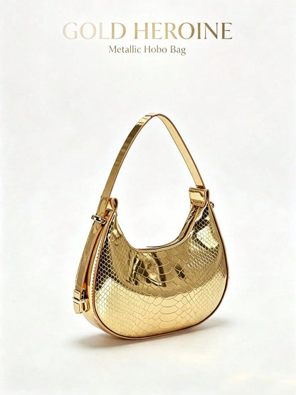 Metallic Snakeskin Embossed Hobo Bag Solid Color Crocodile Embossed Shoulder Bag,Wallet,Handbag,Travel Essentials,Beach,Vacation Essentials,Wedding