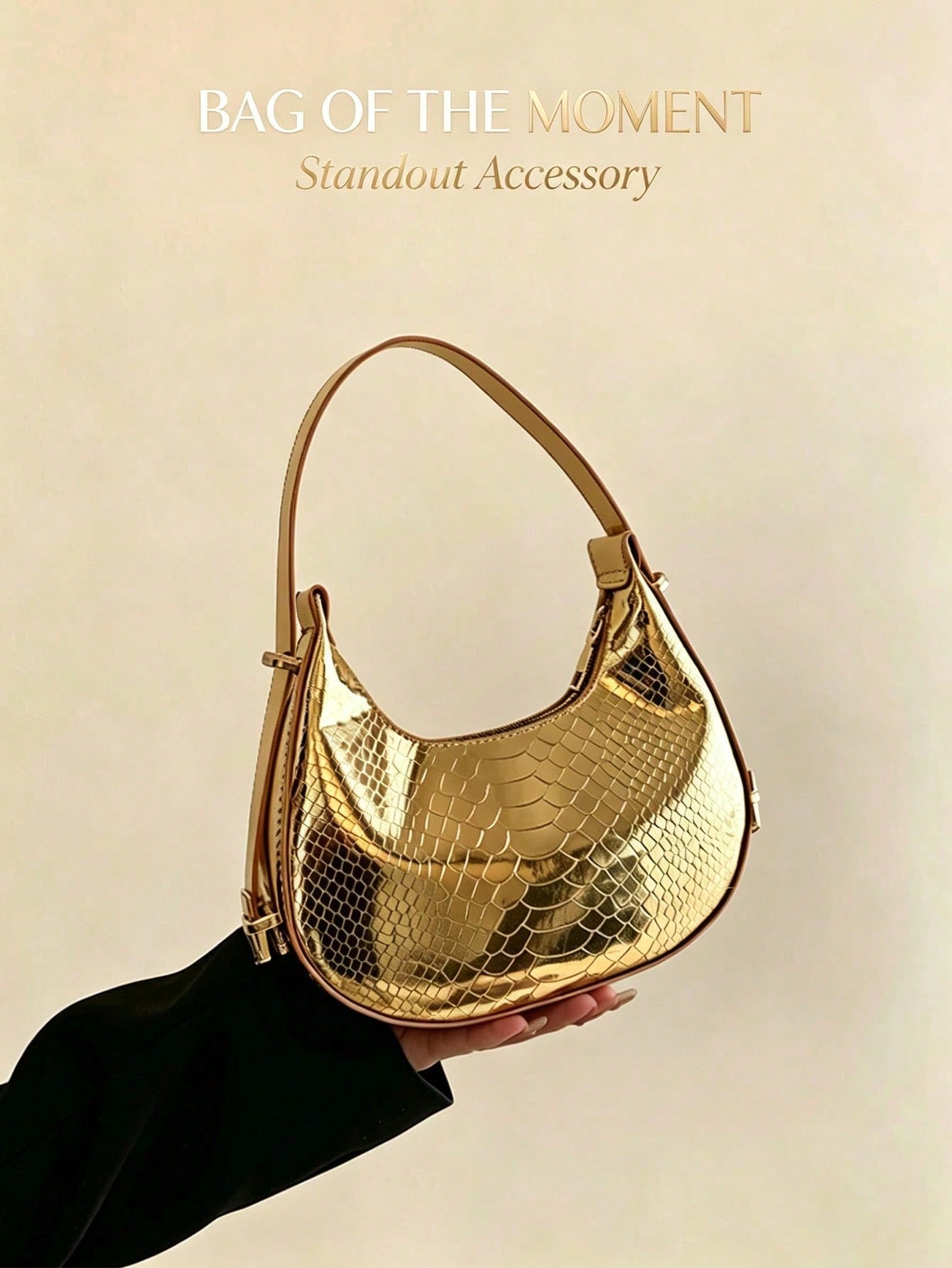 Metallic Snakeskin Embossed Hobo Bag Solid Color Crocodile Embossed Shoulder Bag,Wallet,Handbag,Travel Essentials,Beach,Vacation Essentials,Wedding