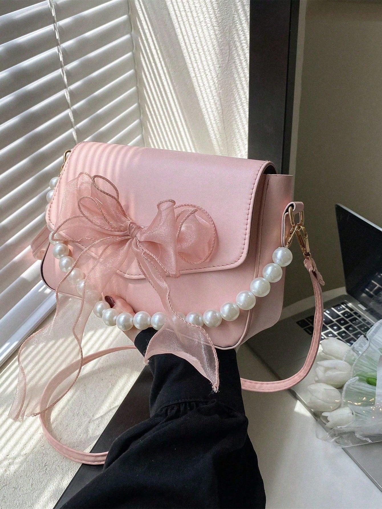 Mini Square Faux Pearl Bow Decor Shoulder Bag, PU Crossbody Bag Suitable For Shopping And Daily Use, Solid Color Crossbody Bag, Gift For Women (Pink), Valentine's Day Gift, Best Valentine's Day Gift C