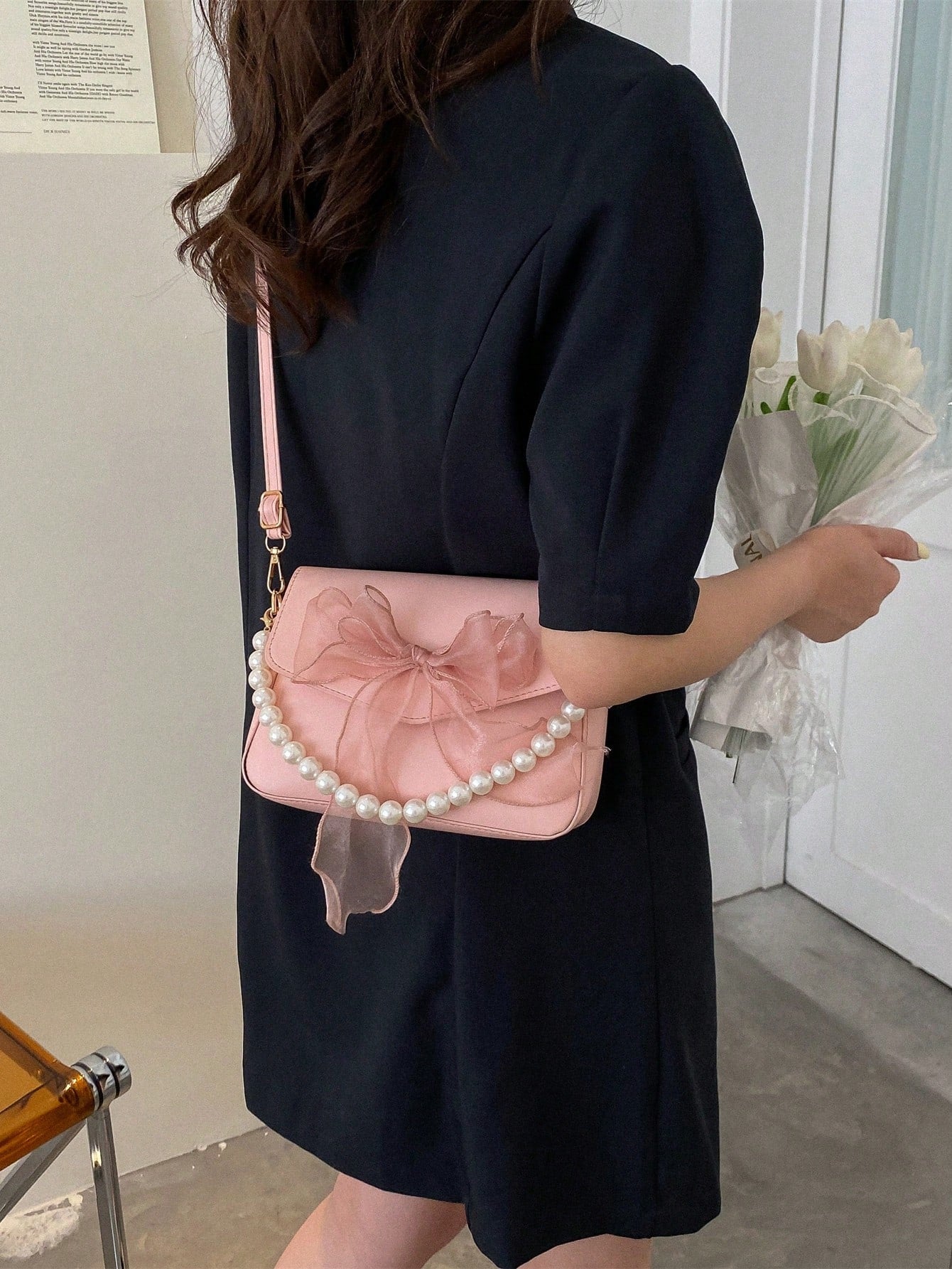 Mini Square Faux Pearl Bow Decor Shoulder Bag, PU Crossbody Bag Suitable For Shopping And Daily Use, Solid Color Crossbody Bag, Gift For Women (Pink), Valentine's Day Gift, Best Valentine's Day Gift C