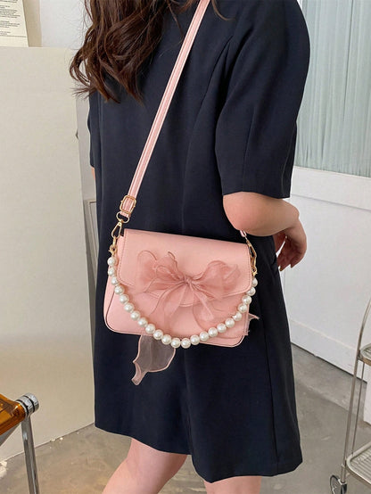 Mini Square Faux Pearl Bow Decor Shoulder Bag, PU Crossbody Bag Suitable For Shopping And Daily Use, Solid Color Crossbody Bag, Gift For Women (Pink), Valentine's Day Gift, Best Valentine's Day Gift C