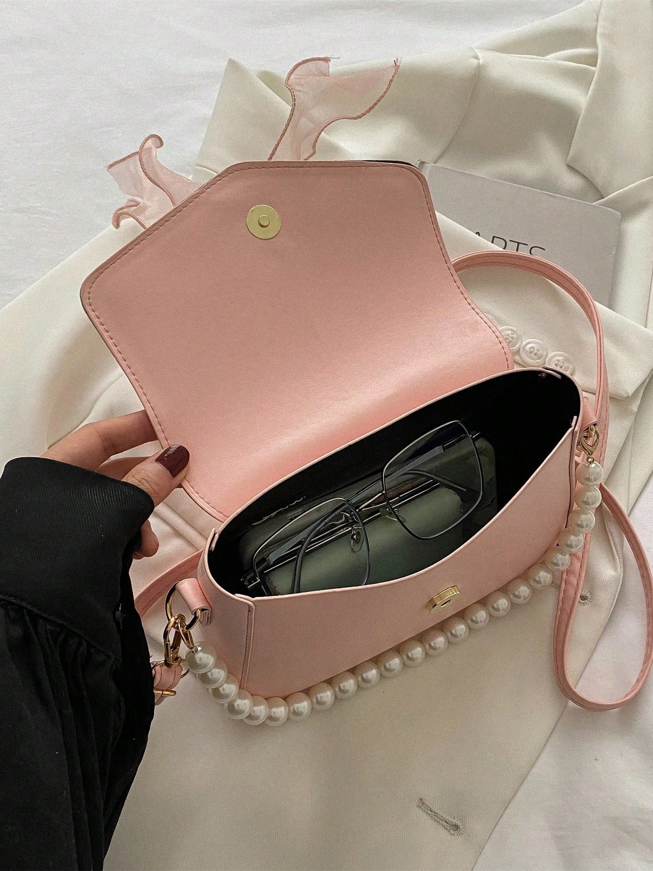 Mini Square Faux Pearl Bow Decor Shoulder Bag, PU Crossbody Bag Suitable For Shopping And Daily Use, Solid Color Crossbody Bag, Gift For Women (Pink), Valentine's Day Gift, Best Valentine's Day Gift C