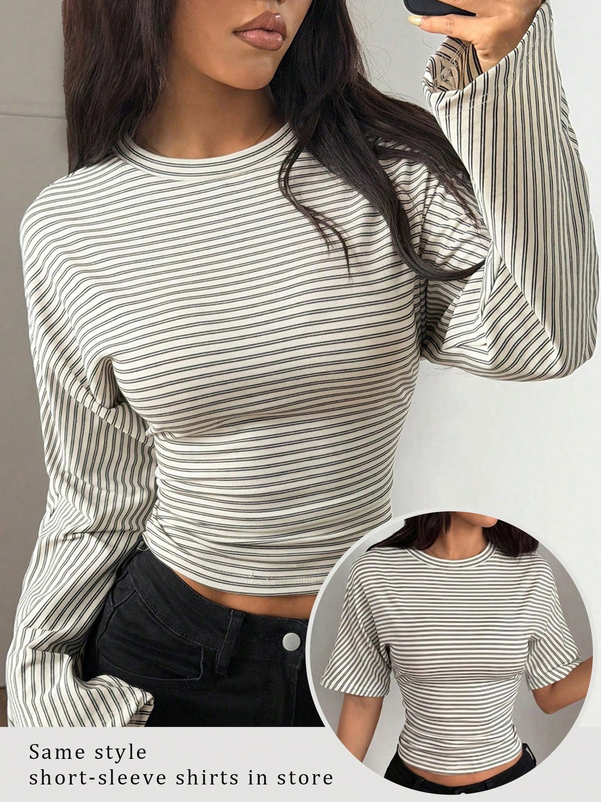 Minimalist Contrast Color Fine Striped Waist-Defining Daily Date Street Party Women's Long Sleeve Top With Slightly Flared Loose Sleeves, Preppy