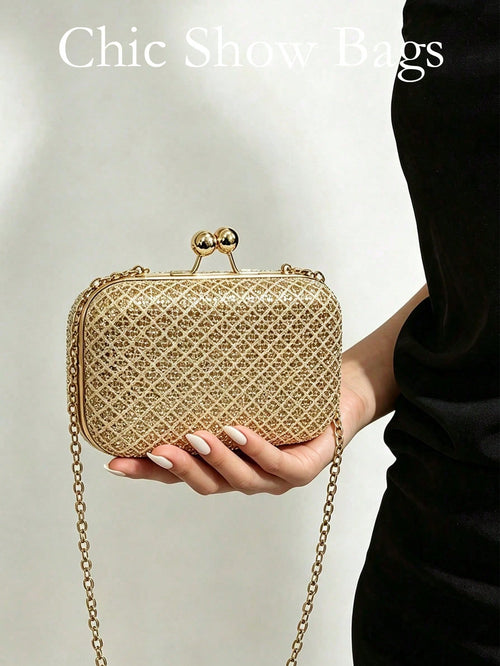 Minimalist Luxury Elegant Box Clutch, Solid Matte Gold, Double Ball Lock, Metal Chain Shoulder Crossbody Bag