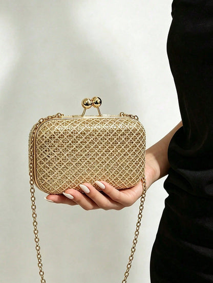 Minimalist Luxury Elegant Box Clutch, Solid Matte Gold, Double Ball Lock, Metal Chain Shoulder Crossbody Bag