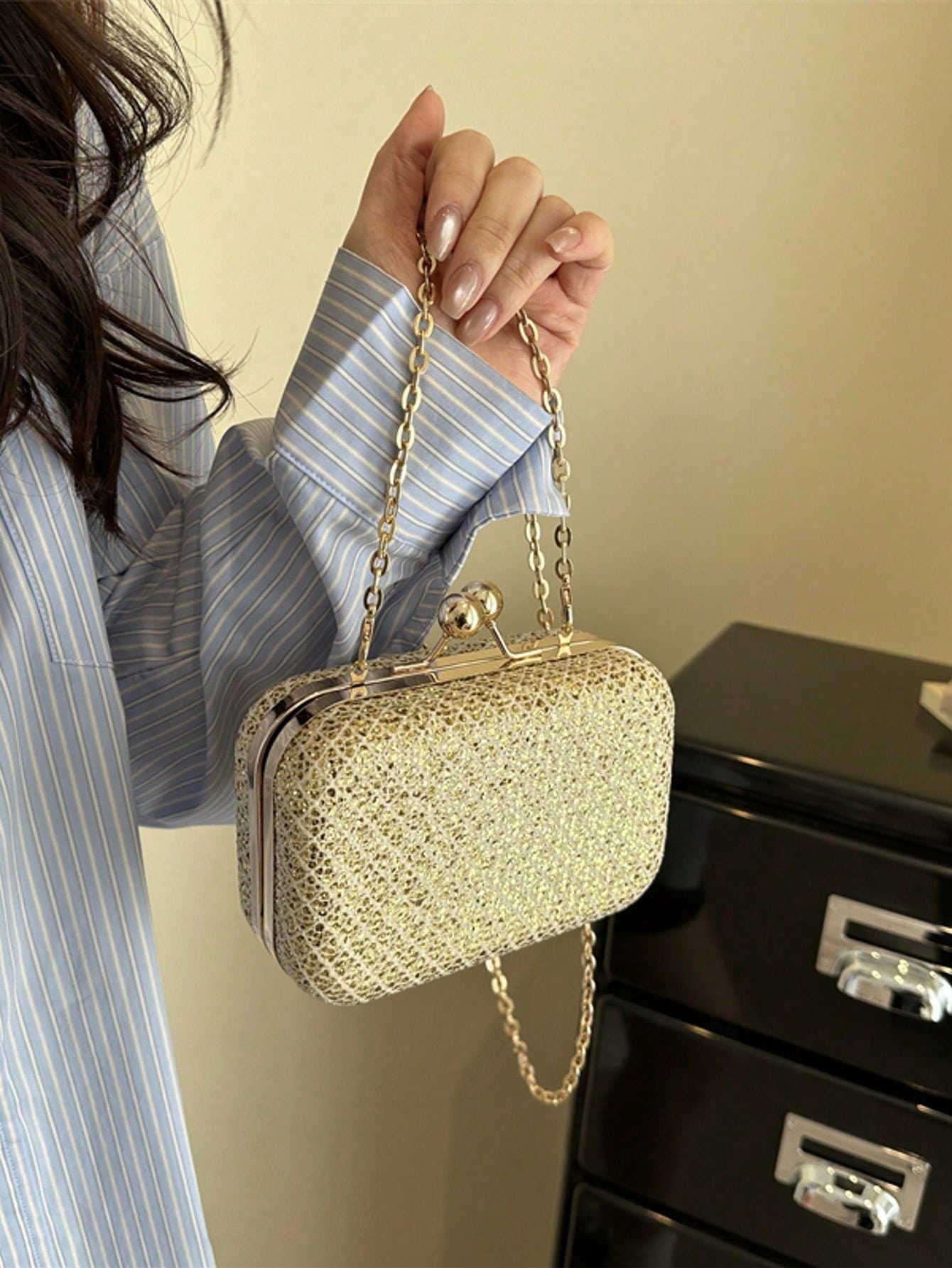 Minimalist Luxury Elegant Box Clutch, Solid Matte Gold, Double Ball Lock, Metal Chain Shoulder Crossbody Bag