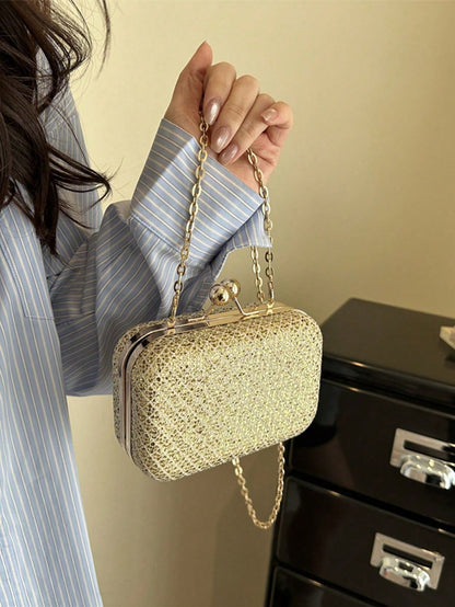 Minimalist Luxury Elegant Box Clutch, Solid Matte Gold, Double Ball Lock, Metal Chain Shoulder Crossbody Bag