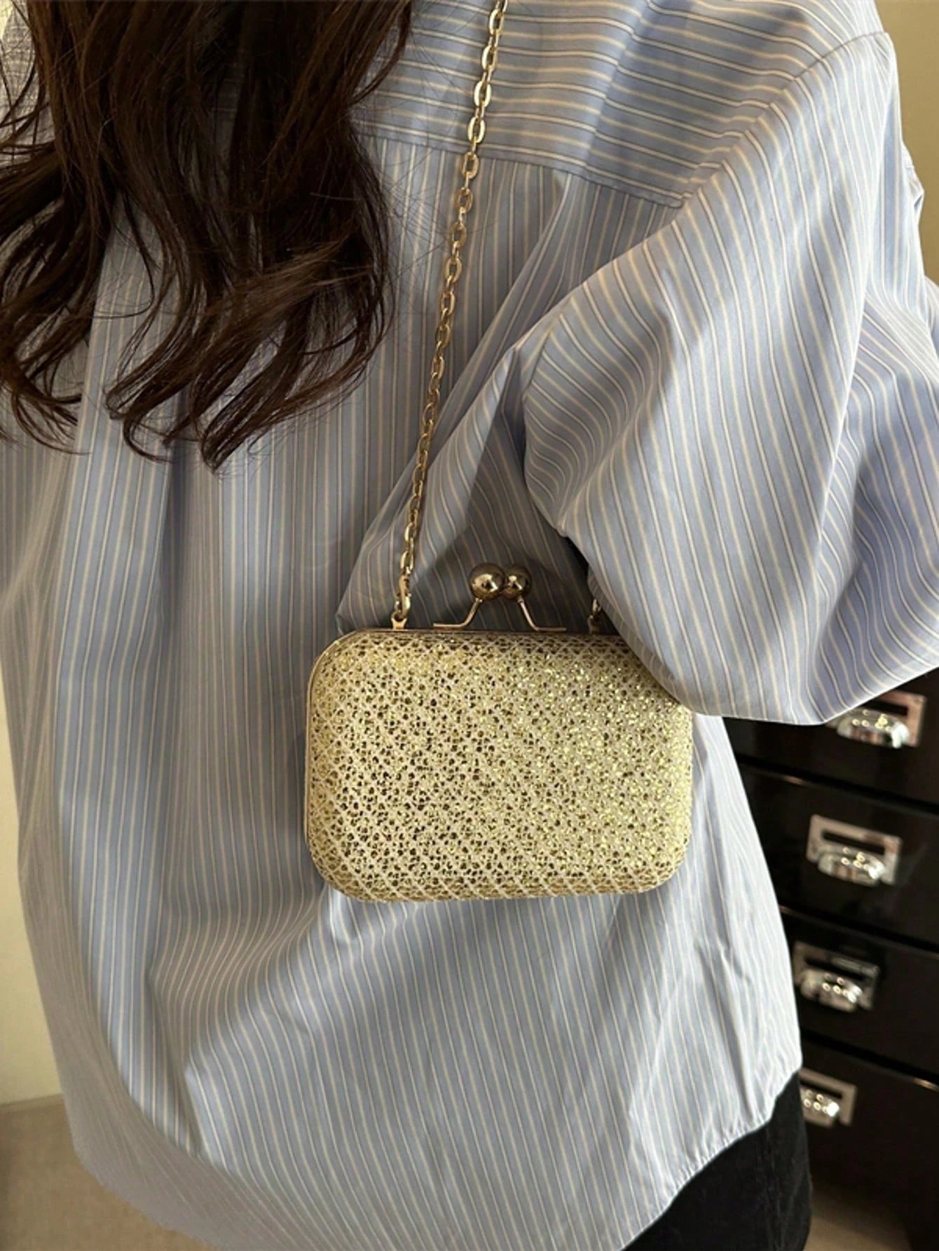 Minimalist Luxury Elegant Box Clutch, Solid Matte Gold, Double Ball Lock, Metal Chain Shoulder Crossbody Bag