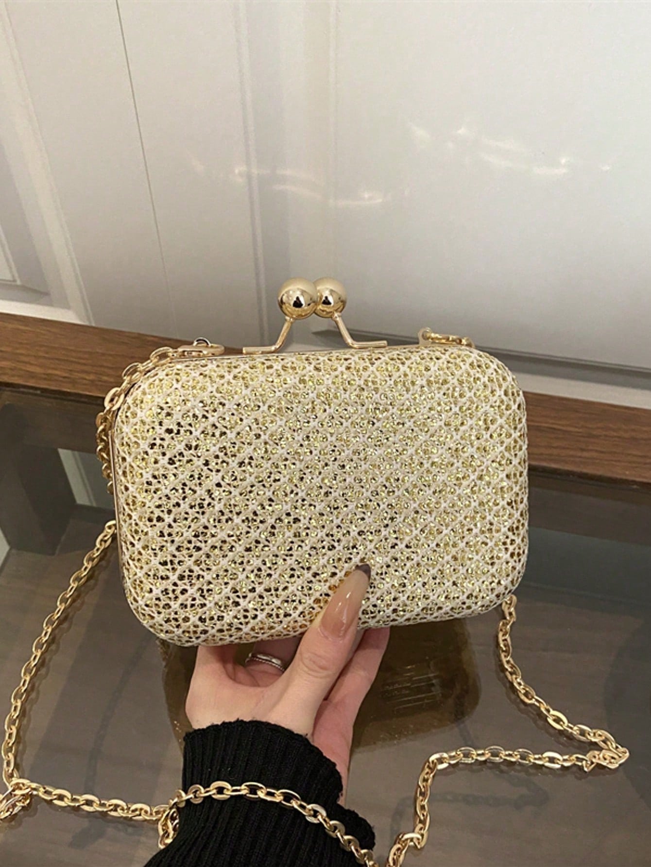 Minimalist Luxury Elegant Box Clutch, Solid Matte Gold, Double Ball Lock, Metal Chain Shoulder Crossbody Bag