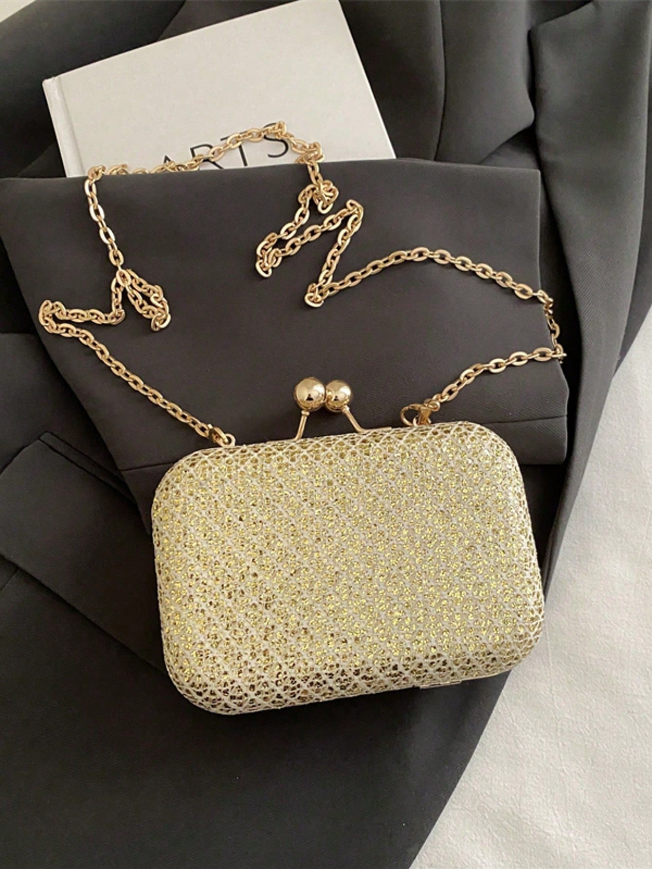 Minimalist Luxury Elegant Box Clutch, Solid Matte Gold, Double Ball Lock, Metal Chain Shoulder Crossbody Bag