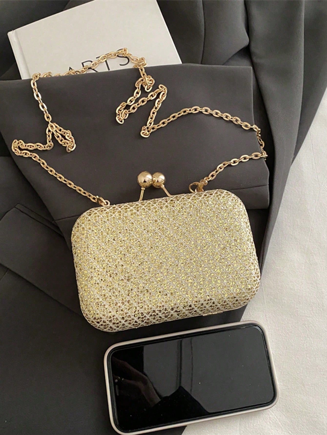 Minimalist Luxury Elegant Box Clutch, Solid Matte Gold, Double Ball Lock, Metal Chain Shoulder Crossbody Bag
