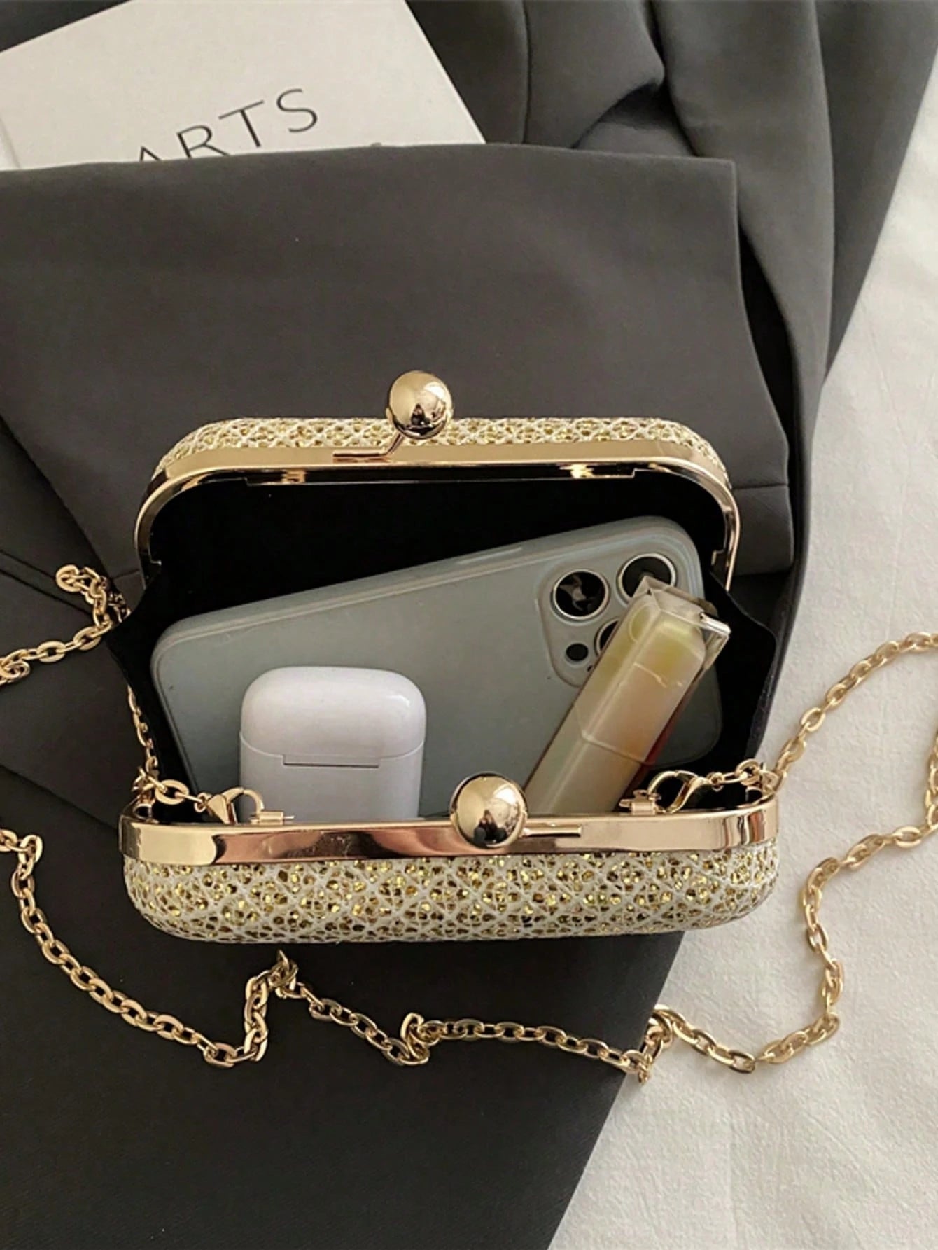 Minimalist Luxury Elegant Box Clutch, Solid Matte Gold, Double Ball Lock, Metal Chain Shoulder Crossbody Bag