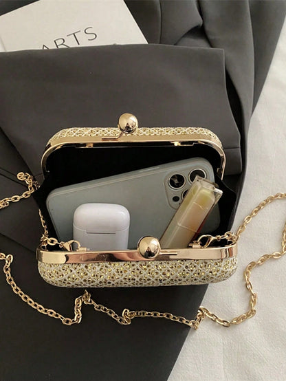 Minimalist Luxury Elegant Box Clutch, Solid Matte Gold, Double Ball Lock, Metal Chain Shoulder Crossbody Bag