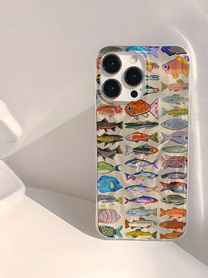 Minimalist Luxury Ocean Element Fashion IMD 1pc Fish Pattern Waterproof Anti-Fingerprint Scratch-Resistant Transparent Soft Glossy Smooth Phone Premium Case Compatible With Apple 16/16 Plus/16 Pro/16