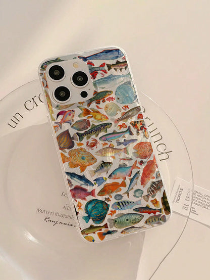 Minimalist Luxury Ocean Element Fashion IMD 1pc Fish Pattern Waterproof Anti-Fingerprint Scratch-Resistant Transparent Soft Glossy Smooth Phone Premium Case Compatible With Apple 16/16 Plus/16 Pro/16