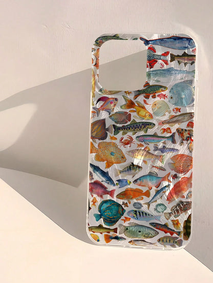 Minimalist Luxury Ocean Element Fashion IMD 1pc Fish Pattern Waterproof Anti-Fingerprint Scratch-Resistant Transparent Soft Glossy Smooth Phone Premium Case Compatible With Apple 16/16 Plus/16 Pro/16