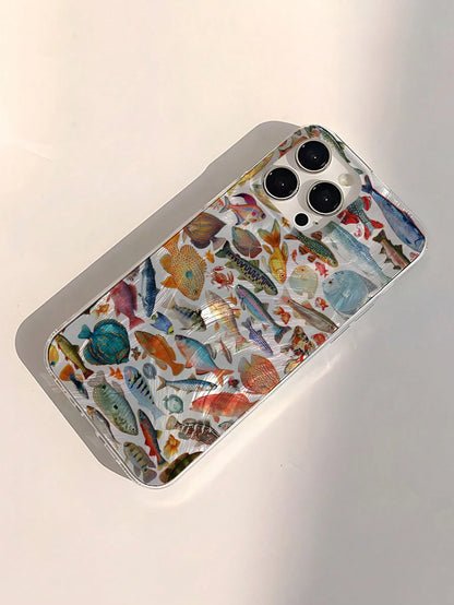 Minimalist Luxury Ocean Element Fashion IMD 1pc Fish Pattern Waterproof Anti-Fingerprint Scratch-Resistant Transparent Soft Glossy Smooth Phone Premium Case Compatible With Apple 16/16 Plus/16 Pro/16