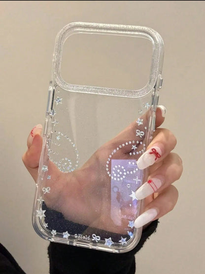 Minimalist Star Element Glitter Elegant Star, Bow & Wing Design Phone Case, Compatible With Iphone 17 Pro Max, 15 New, 14 Elegant, 16 Fashionable, 13, 15 Pro Anti-Drop Spring Gift