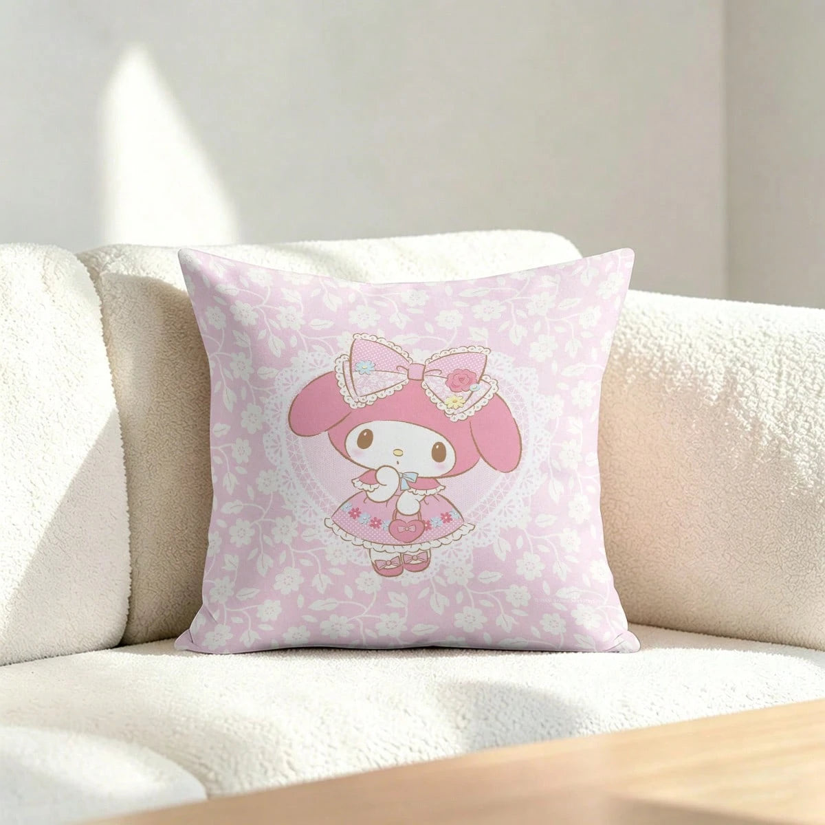 Miniso Sanrio My Melody Pink Floral Lace Bow Print Throw Pillow Cover Suitable For Sofa Bedroom Living Room Printed Pillow Case