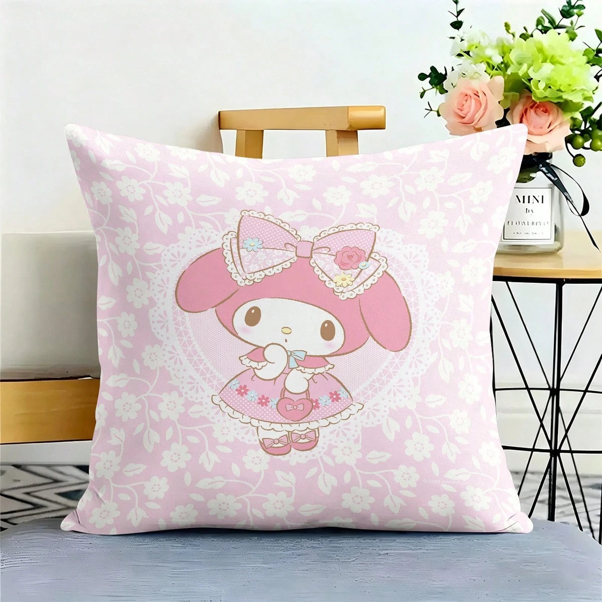 Miniso Sanrio My Melody Pink Floral Lace Bow Print Throw Pillow Cover Suitable For Sofa Bedroom Living Room Printed Pillow Case