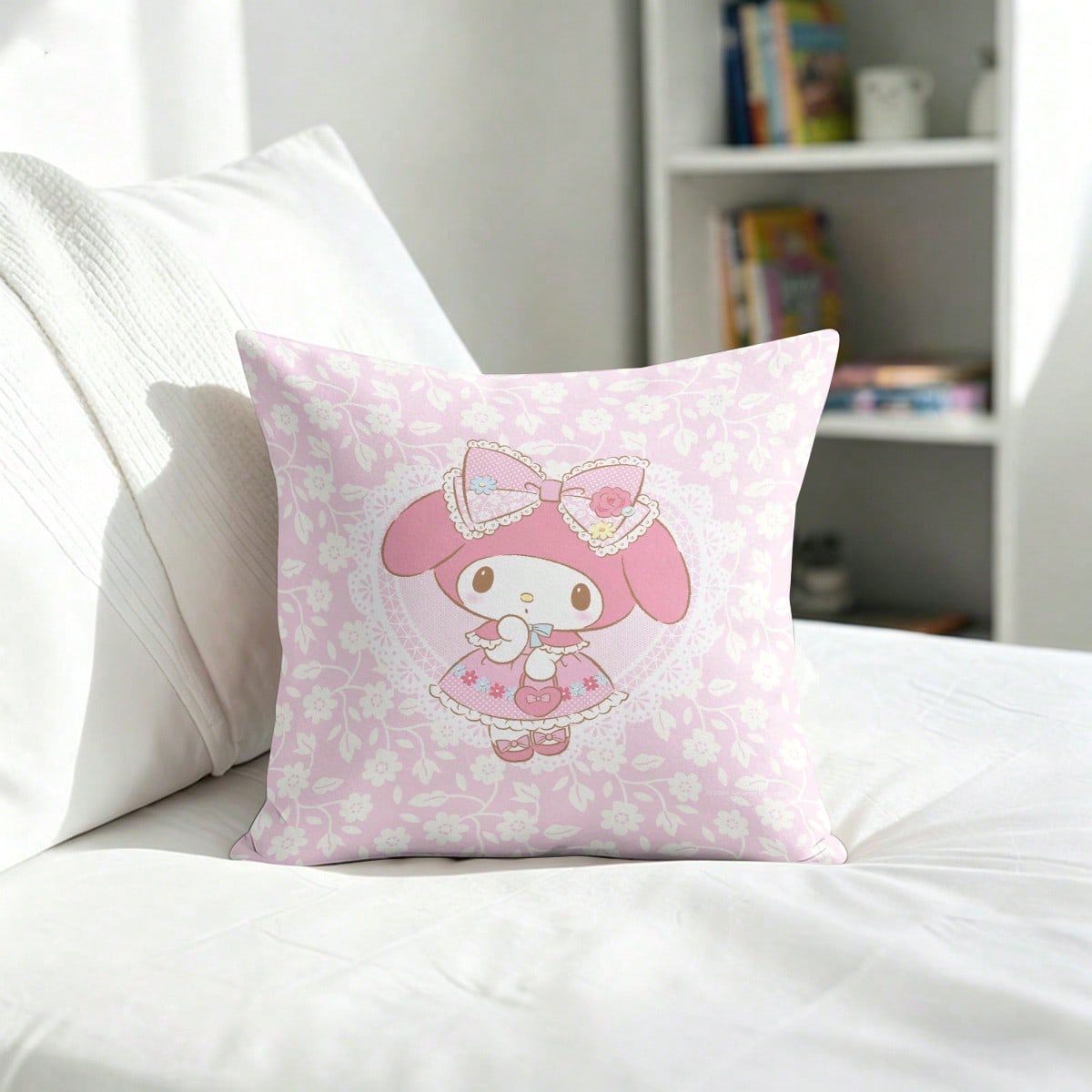 Miniso Sanrio My Melody Pink Floral Lace Bow Print Throw Pillow Cover Suitable For Sofa Bedroom Living Room Printed Pillow Case
