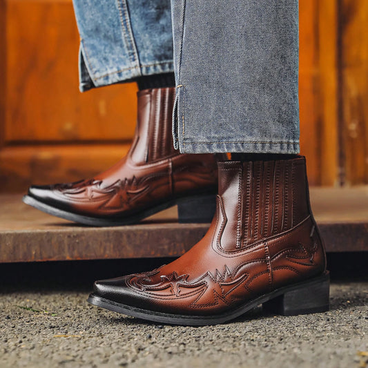 Mioeert Men's Western Cowboy Motorcycle Ankle Boots, Men's Dress Cowboy Boots, Pointed Toe Design, Classic Embroidery, Men's Chunky Heel Ankle Boots