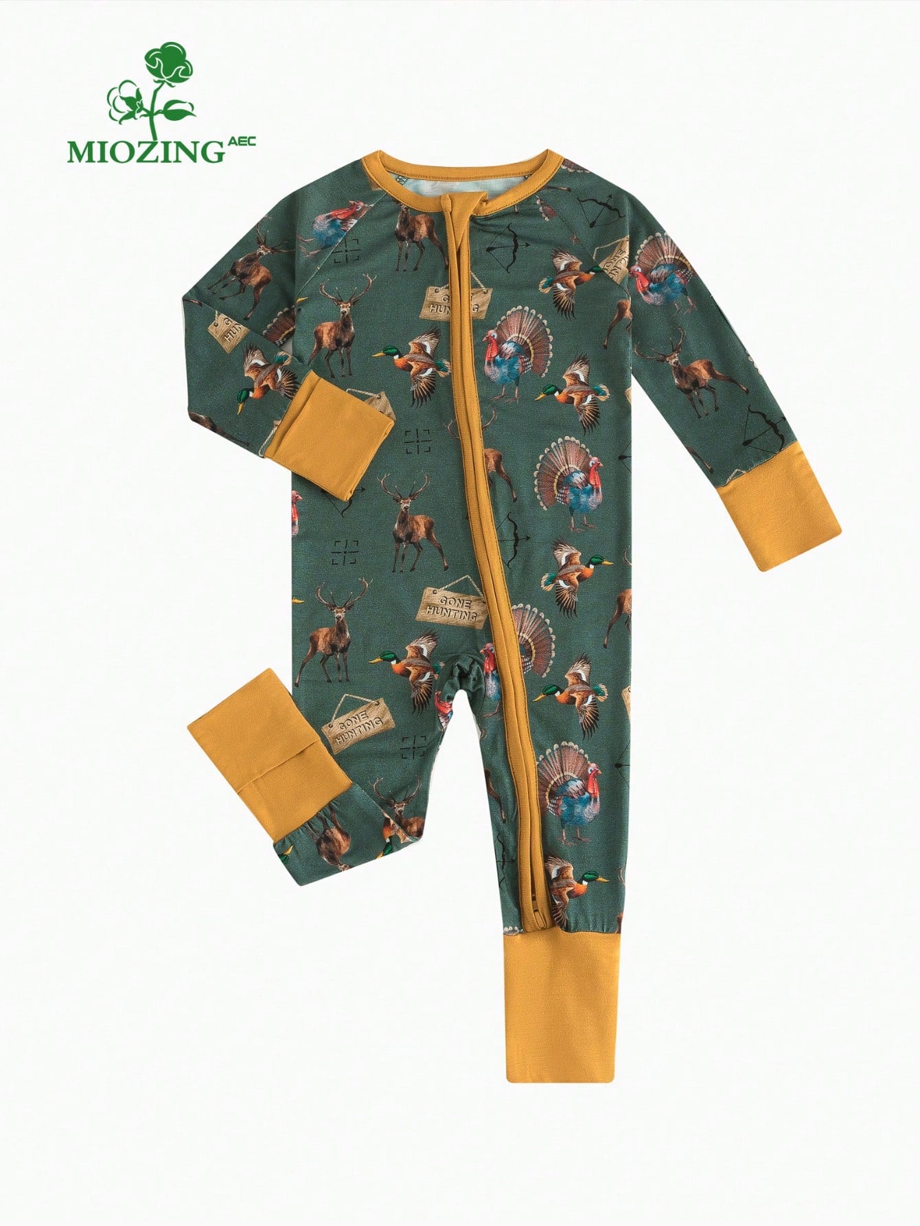 MIOZING Two-Way Zip Long Sleeve Baby Romper, Thanksgiving Peacock Antelope Hunting Animal Print Jumpsuit, Soft Bamboo Fabric, Daily Baby Boy Clothes