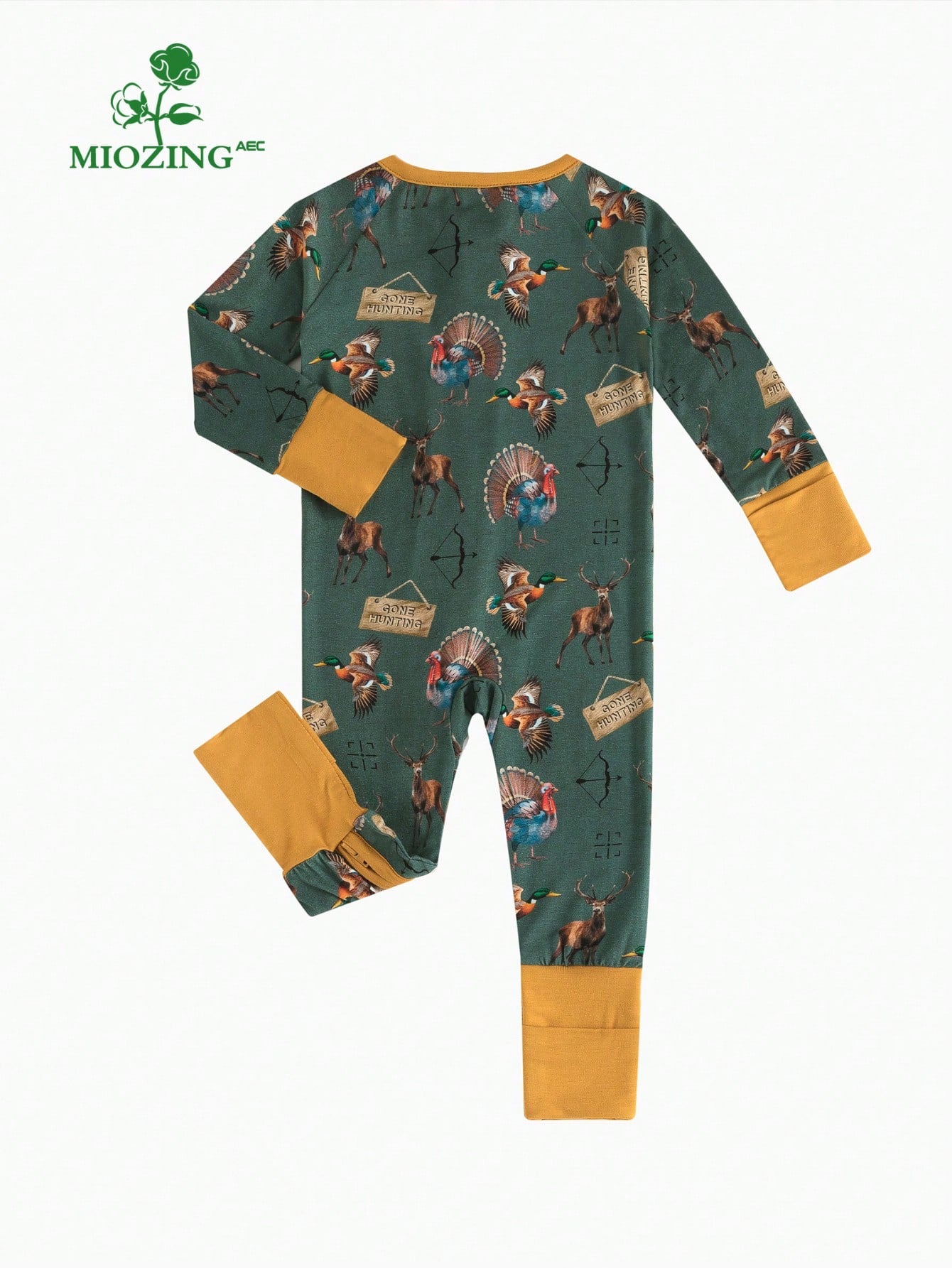 MIOZING Two-Way Zip Long Sleeve Baby Romper, Thanksgiving Peacock Antelope Hunting Animal Print Jumpsuit, Soft Bamboo Fabric, Daily Baby Boy Clothes
