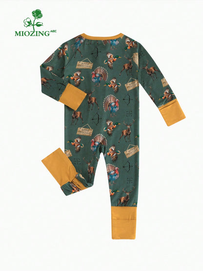 MIOZING Two-Way Zip Long Sleeve Baby Romper, Thanksgiving Peacock Antelope Hunting Animal Print Jumpsuit, Soft Bamboo Fabric, Daily Baby Boy Clothes