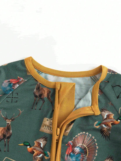 MIOZING Two-Way Zip Long Sleeve Baby Romper, Thanksgiving Peacock Antelope Hunting Animal Print Jumpsuit, Soft Bamboo Fabric, Daily Baby Boy Clothes