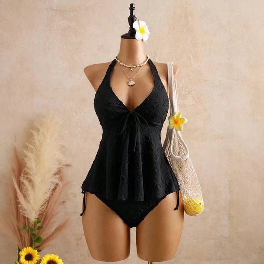 MISON 2026 Summer V-Neck Halter Tie Ruffle Tankini Swimsuit For Women Bikini Cover-Up Two-Piece Bathing Suits