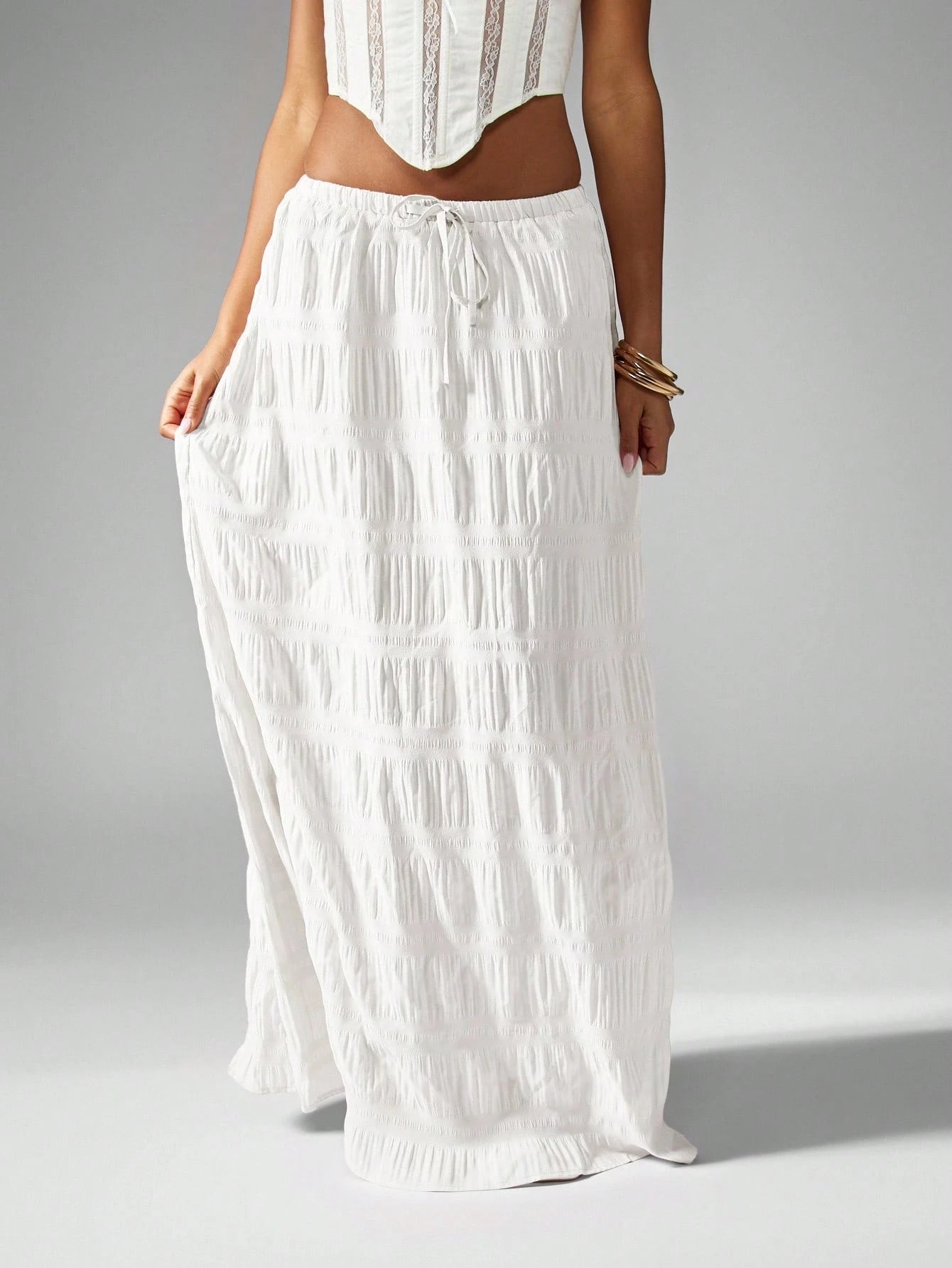 MISSGUIDED Crinkle Texture Maxi Skirt Bohemian Festival Drawstring Beachwear Resort Wear Flowy Gathered Elastic Waist Summer Spring Ankle Length Vacationwear