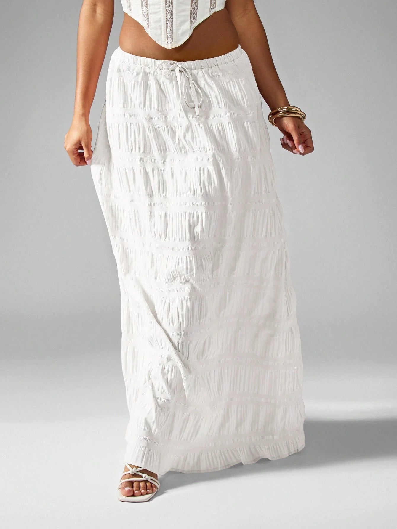 MISSGUIDED Crinkle Texture Maxi Skirt Bohemian Festival Drawstring Beachwear Resort Wear Flowy Gathered Elastic Waist Summer Spring Ankle Length Vacationwear