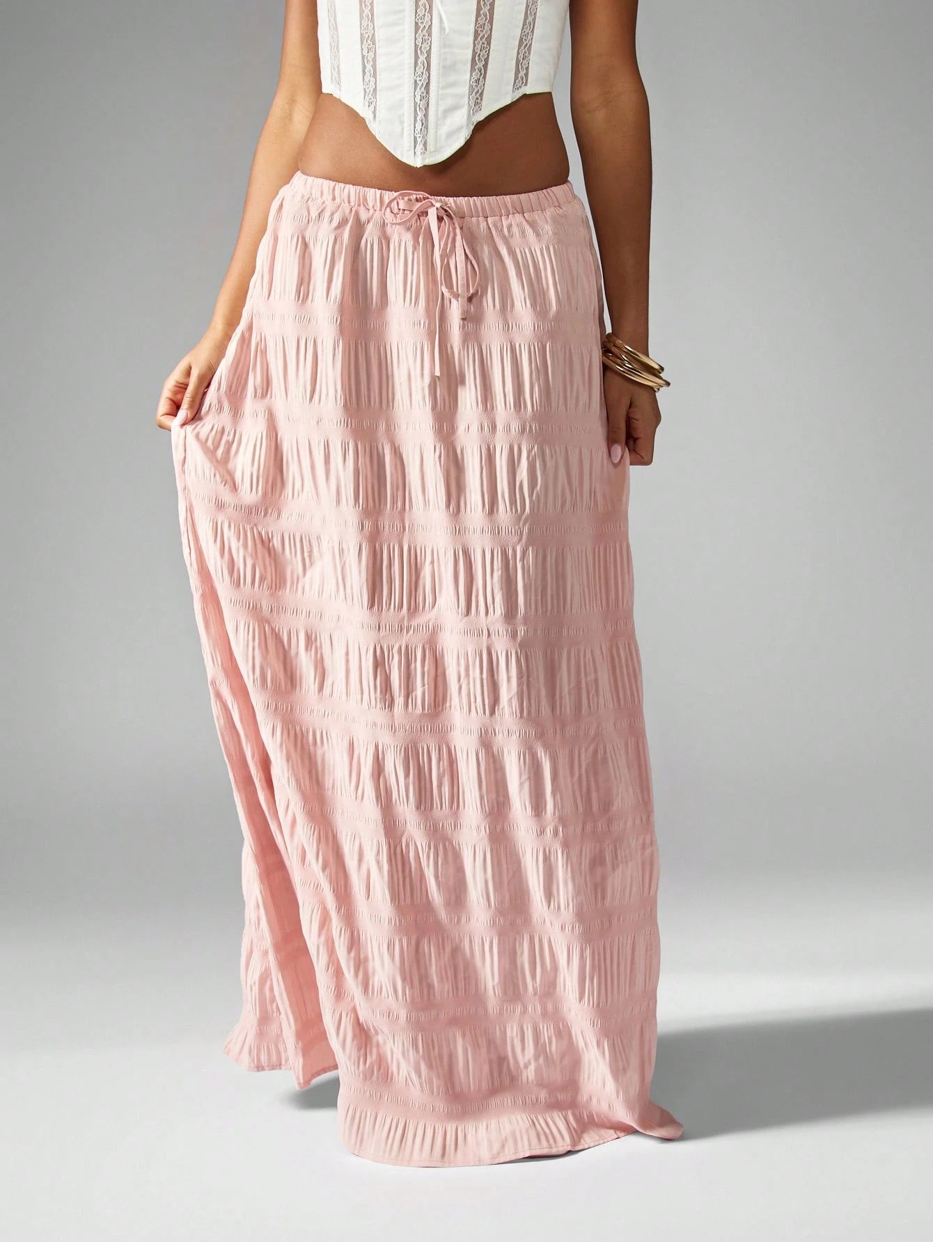 MISSGUIDED Crinkle Texture Maxi Skirt Bohemian Festival Drawstring Beachwear Resort Wear Flowy Gathered Elastic Waist Summer Spring Ankle Length Vacationwear