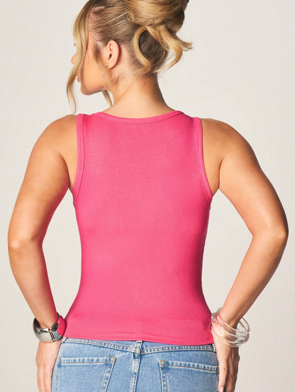 MISSGUIDED Pink Princess Ribbed Tank Top Sleeveless Scoop Neck Summer Festival Casual Tee