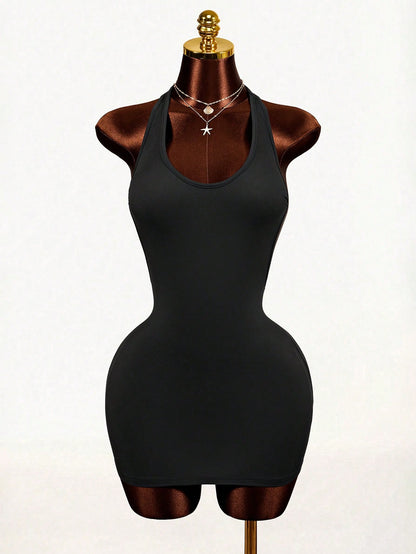 Mistrie 2026 Black Summer New Street Fashion Casual Bodycon Short Dress,Back Hollow Design,Bandage Club Comfortable Elastic Fabric,Party Music Festival