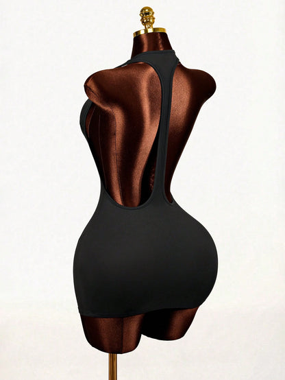 Mistrie 2026 Black Summer New Street Fashion Casual Bodycon Short Dress,Back Hollow Design,Bandage Club Comfortable Elastic Fabric,Party Music Festival