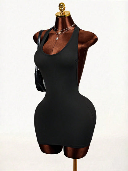 Mistrie 2026 Black Summer New Street Fashion Casual Bodycon Short Dress,Back Hollow Design,Bandage Club Comfortable Elastic Fabric,Party Music Festival