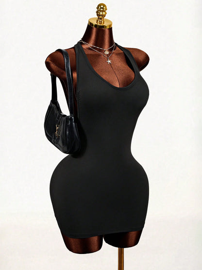 Mistrie 2026 Black Summer New Street Fashion Casual Bodycon Short Dress,Back Hollow Design,Bandage Club Comfortable Elastic Fabric,Party Music Festival