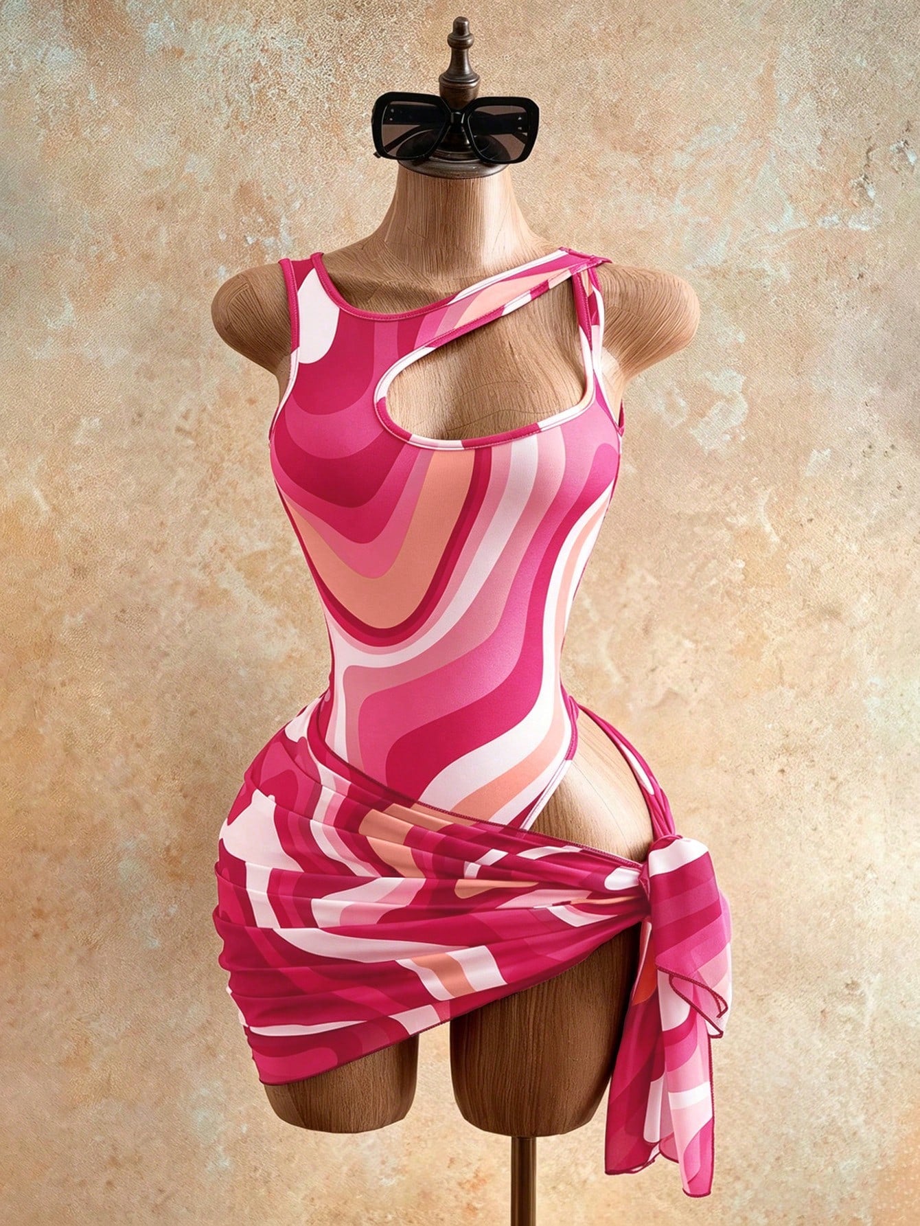 Mistrie Light Pink Summer Casual Holiday Pool Party Vacation Holiday Contrast Wavy Romper,Hollow Shoulder Slim-Fit 2-Piece Swimsuit Set With Skirt