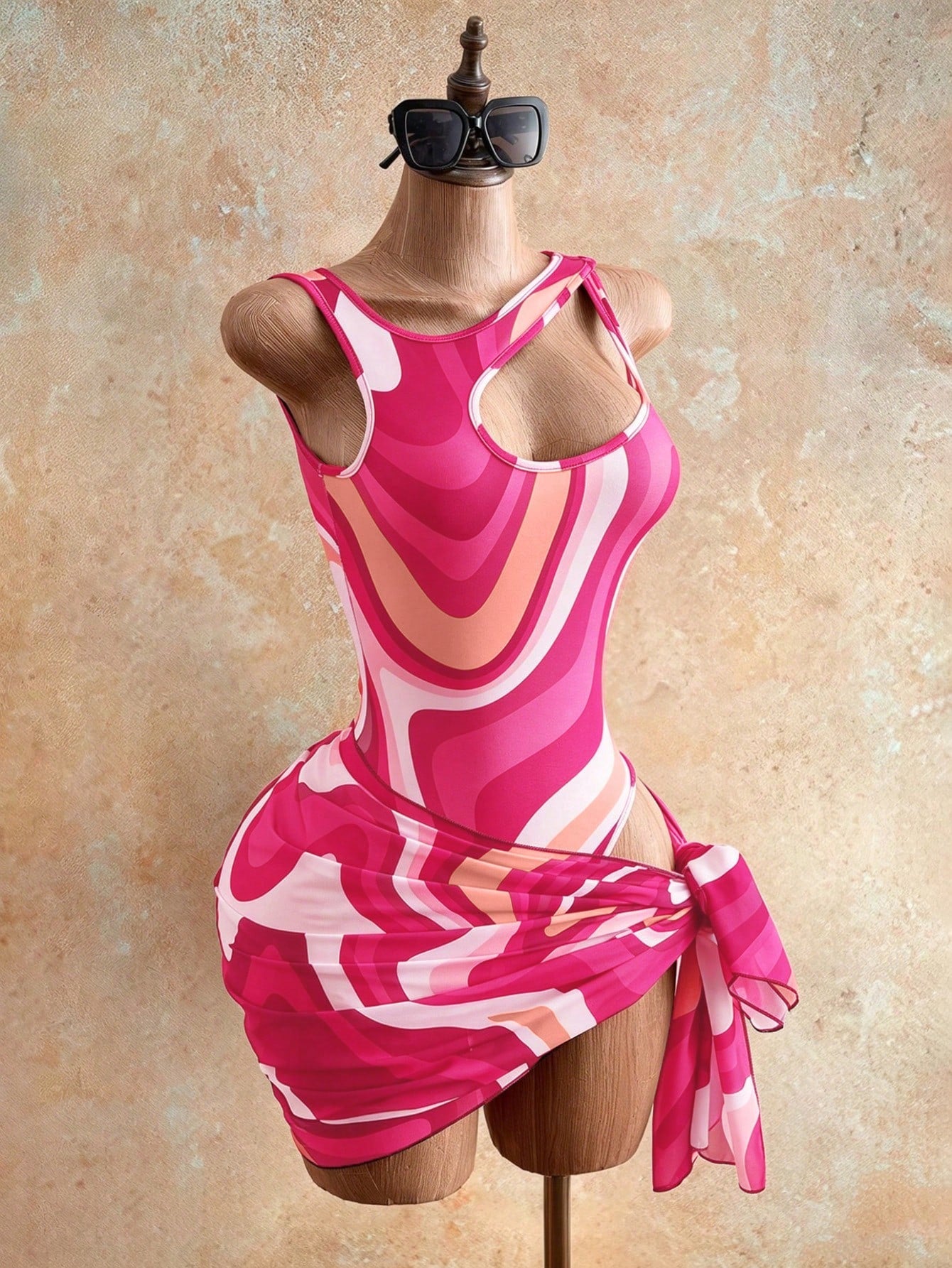 Mistrie Light Pink Summer Casual Holiday Pool Party Vacation Holiday Contrast Wavy Romper,Hollow Shoulder Slim-Fit 2-Piece Swimsuit Set With Skirt
