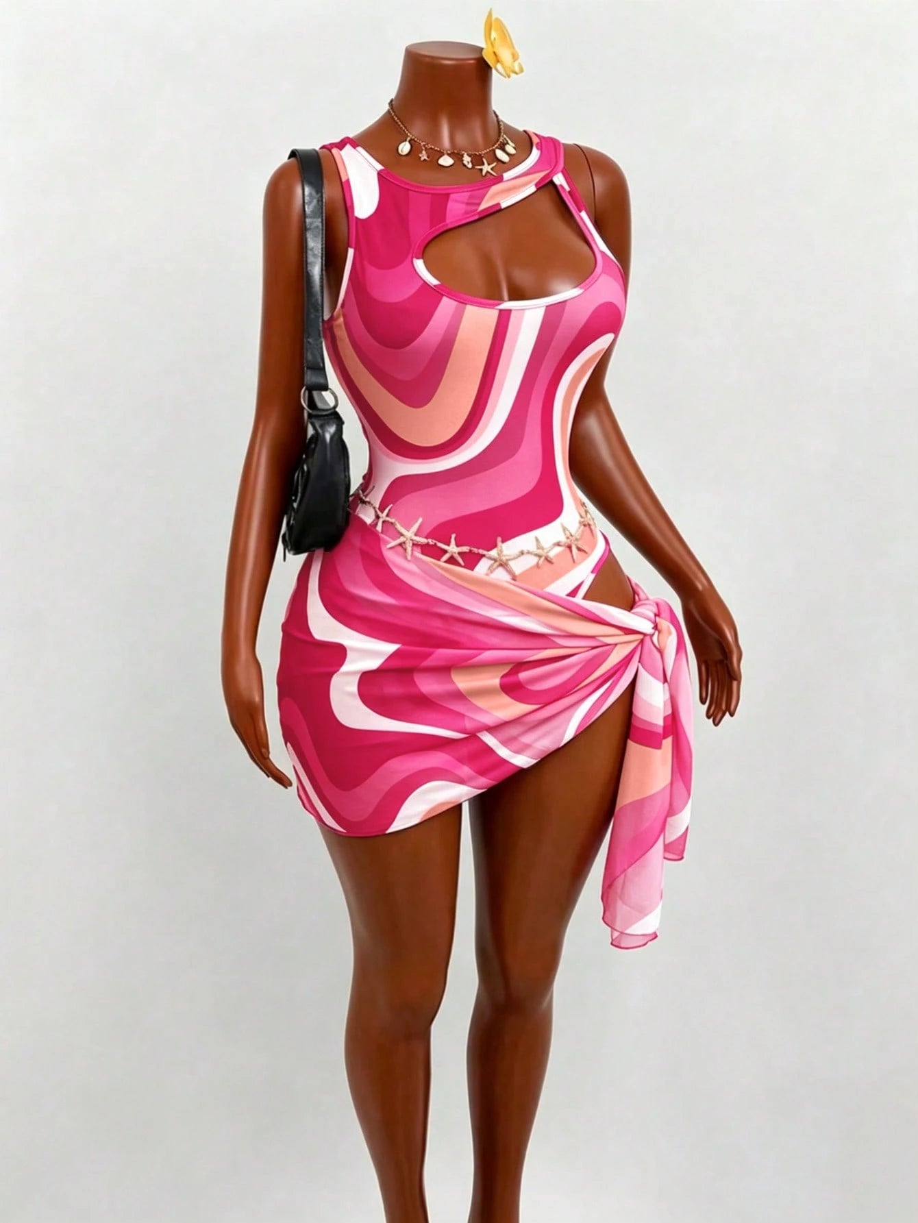 Mistrie Light Pink Summer Casual Holiday Pool Party Vacation Holiday Contrast Wavy Romper,Hollow Shoulder Slim-Fit 2-Piece Swimsuit Set With Skirt