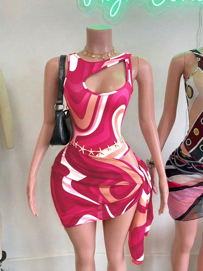 Mistrie Light Pink Summer Casual Holiday Pool Party Vacation Holiday Contrast Wavy Romper,Hollow Shoulder Slim-Fit 2-Piece Swimsuit Set With Skirt