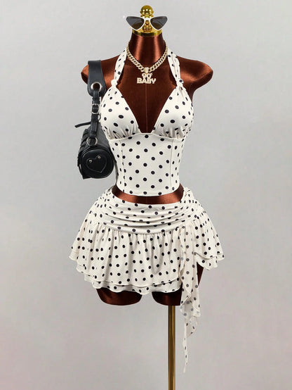 Mistrie White With Black Polka Dots Summer 1960s Vintage Vacation Women's Deep V Backless Midriff-Baring Camisole,Elegant Spaghetti Strap Crop Tank Top