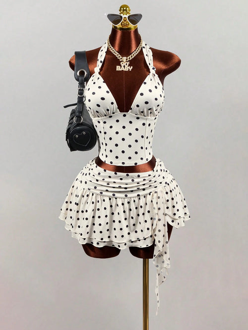Mistrie White With Black Polka Dots Summer 1960s Vintage Vacation Women's Deep V Backless Midriff-Baring Camisole,Elegant Spaghetti Strap Crop Tank Top