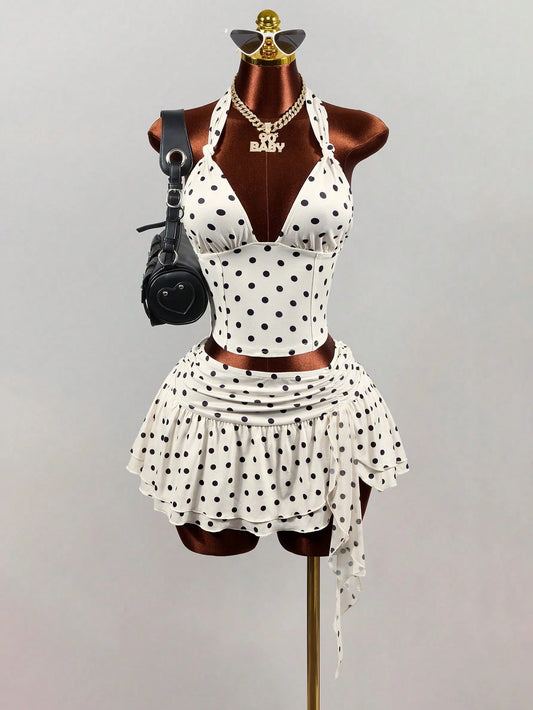Mistrie White With Black Polka Dots Summer 1960s Vintage Vacation Women's Deep V Backless Midriff-Baring Camisole,Elegant Spaghetti Strap Crop Tank Top