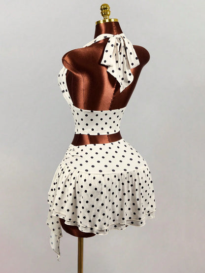 Mistrie White With Black Polka Dots Summer 1960s Vintage Vacation Women's Deep V Backless Midriff-Baring Camisole,Elegant Spaghetti Strap Crop Tank Top